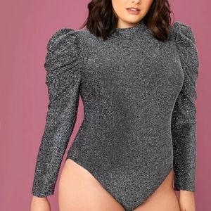Plus Mock-neck Gigot Sleeve Glitter Bodysuit